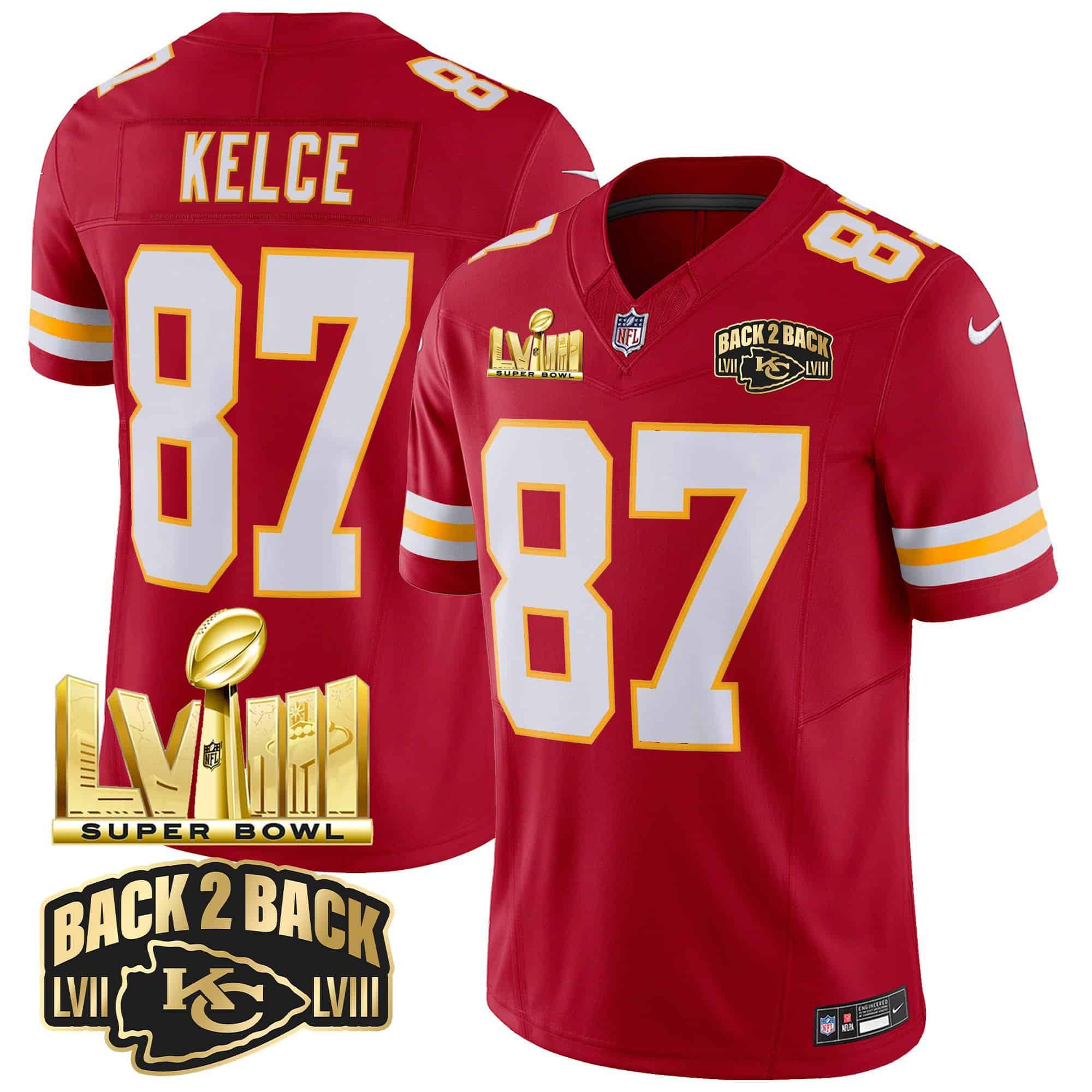 Men Kansas City Chiefs #87 Kelce Red 2024 Nike Super Bowl LVIII & Back-2-Back Gold Patch Vapor NFL Jersey style 3->indianapolis colts->NFL Jersey